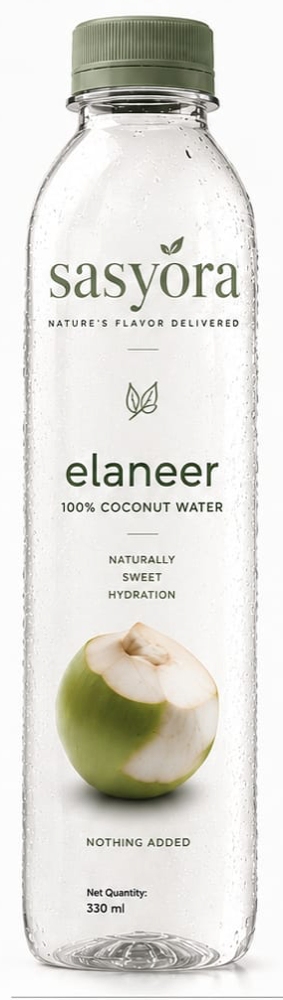 A 330 ml bottle of Sasyora Elaneer, 100% tender coconut water