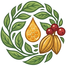 Sasyora emblem: a wreath of leaves around a honey drop, coffee berries and cacao pods